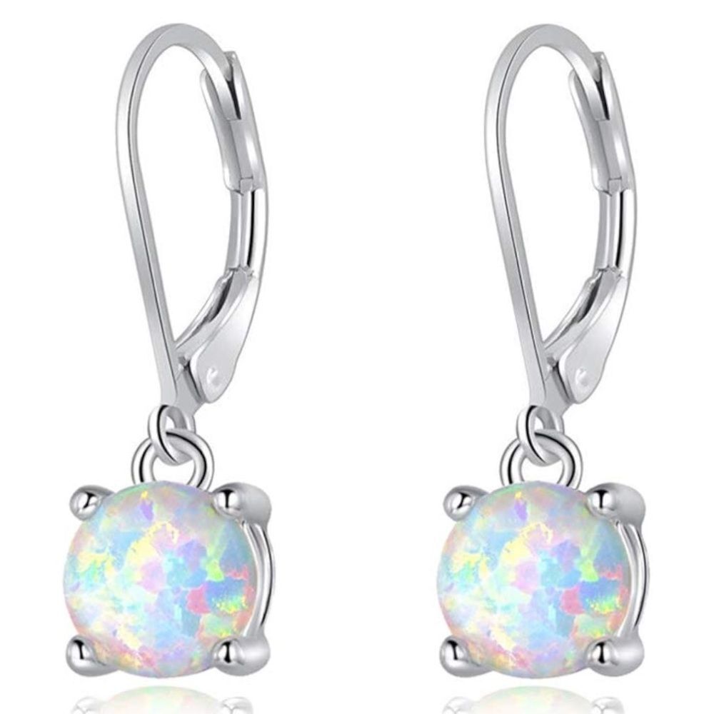 14K White Gold with Round Genuine White Fire Opal Hoop Leverback Drop Earrings